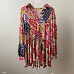 Dragonfly XL Korean babydoll‎ blouse Multicolor Paisley Floral Button Tunic Boho